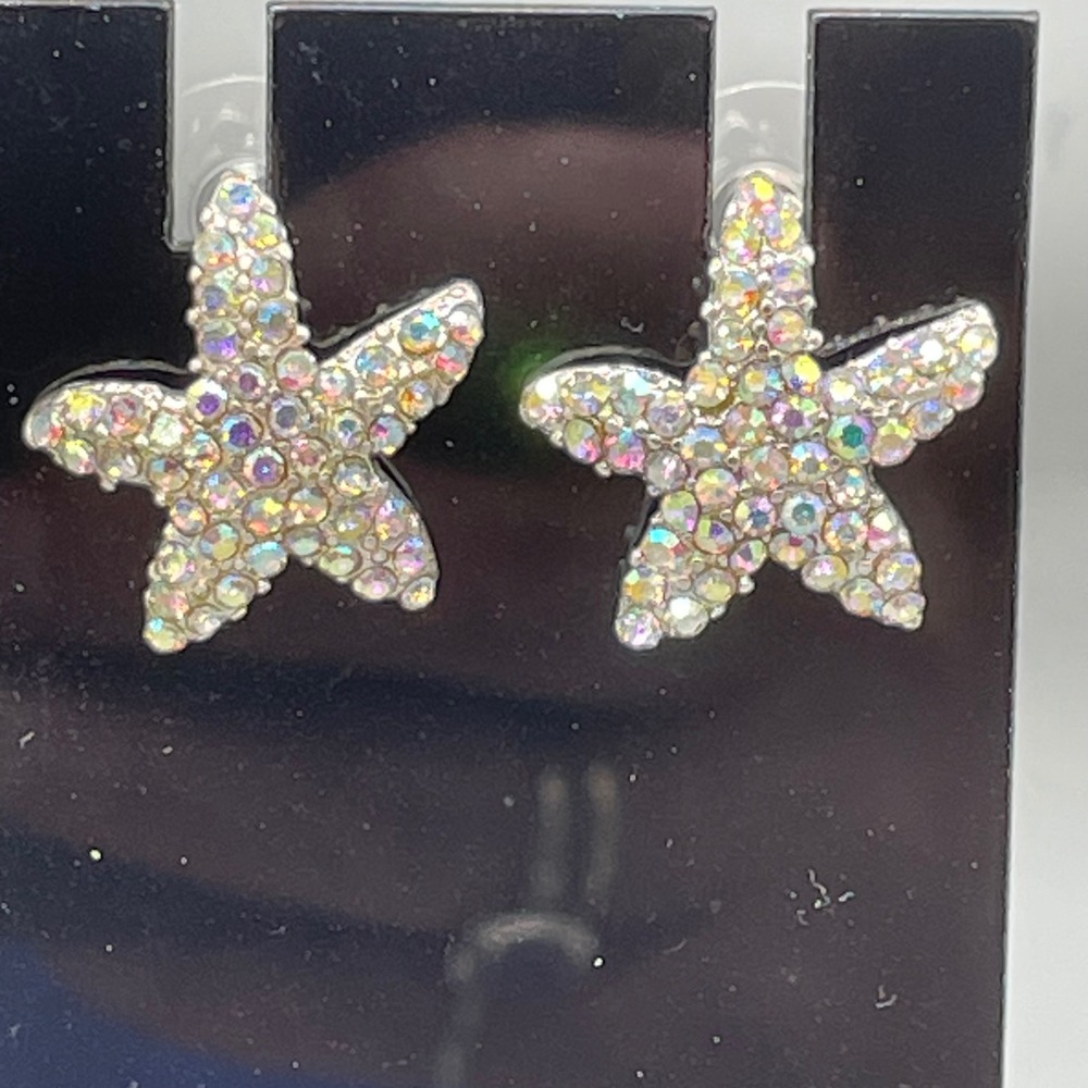 Silver Tone AB Iridescent Rhinestone‎ Starfish Stud Earrings Coastal Nautical